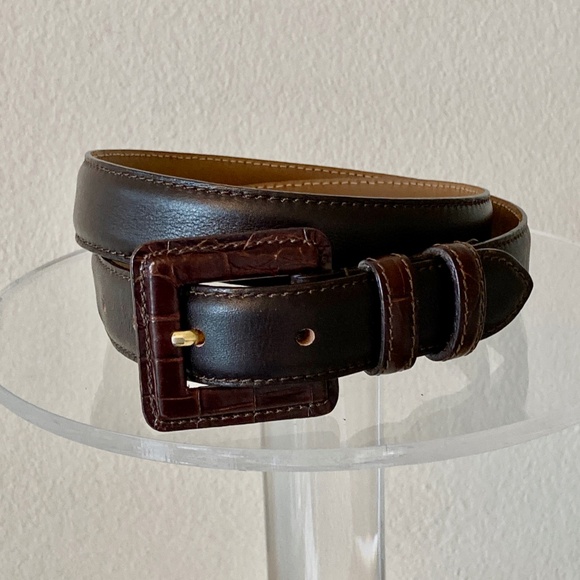 Italian Leather Belt Dark Brown Vintage Square Buckle 1" Wide Size M 27" to 31" - Picture 1 of 9